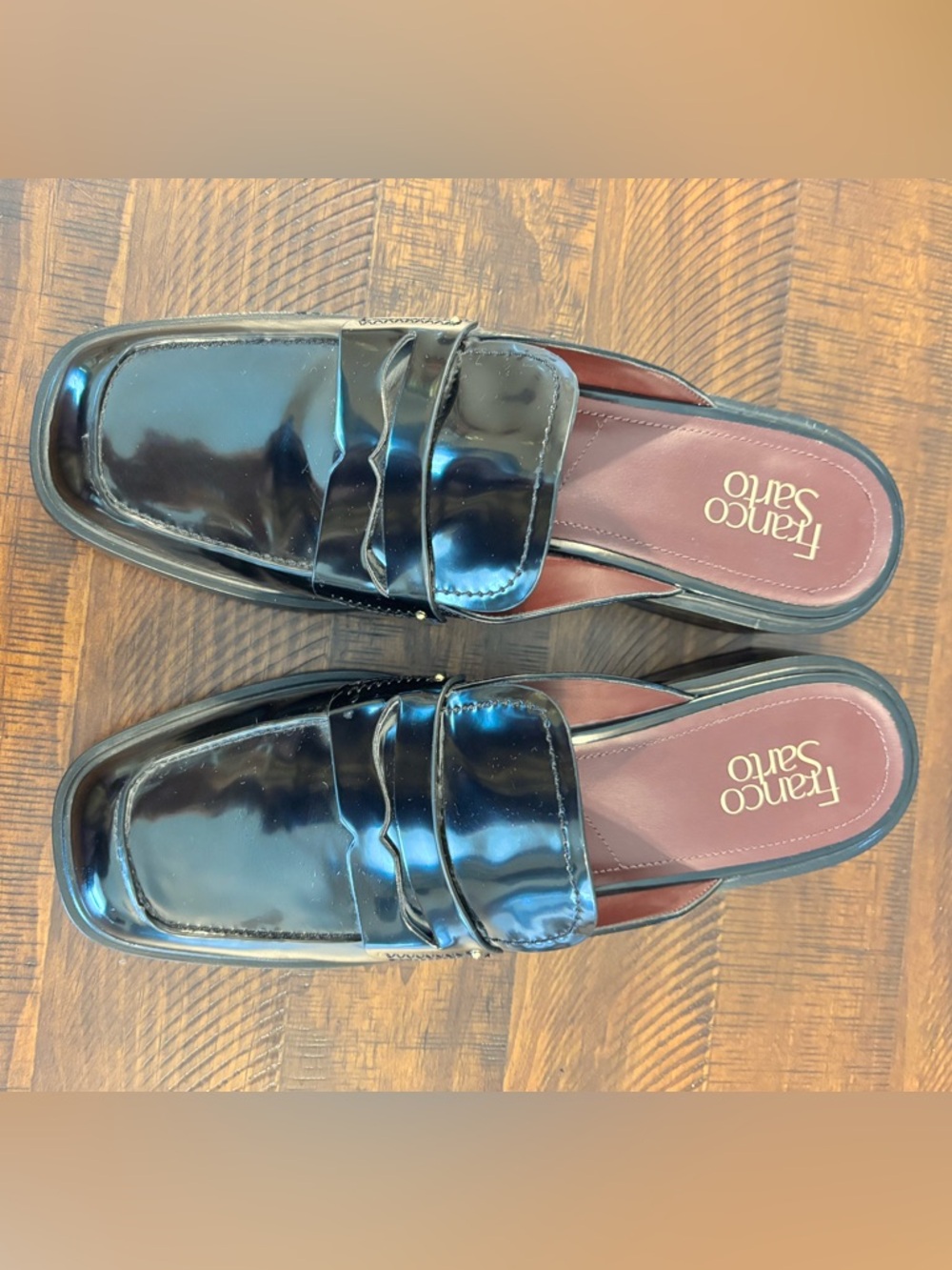 Franco Sarto Women’s Black Patent Slip-On Square Genny Toe Penny Loafers Mule - Picture 2 of 4